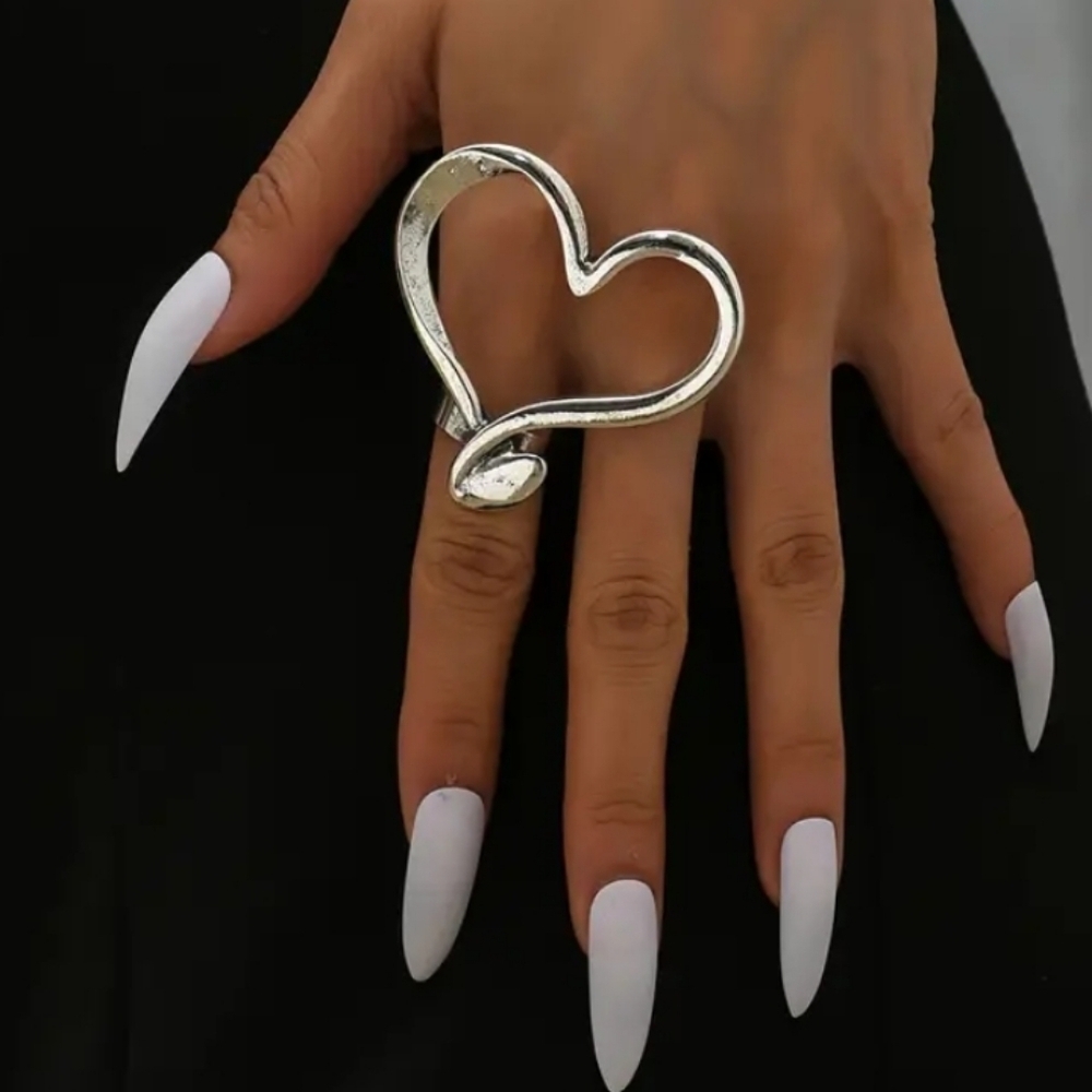 Fashionable Hollow Heart Adjustable Silvertone Statement Ring